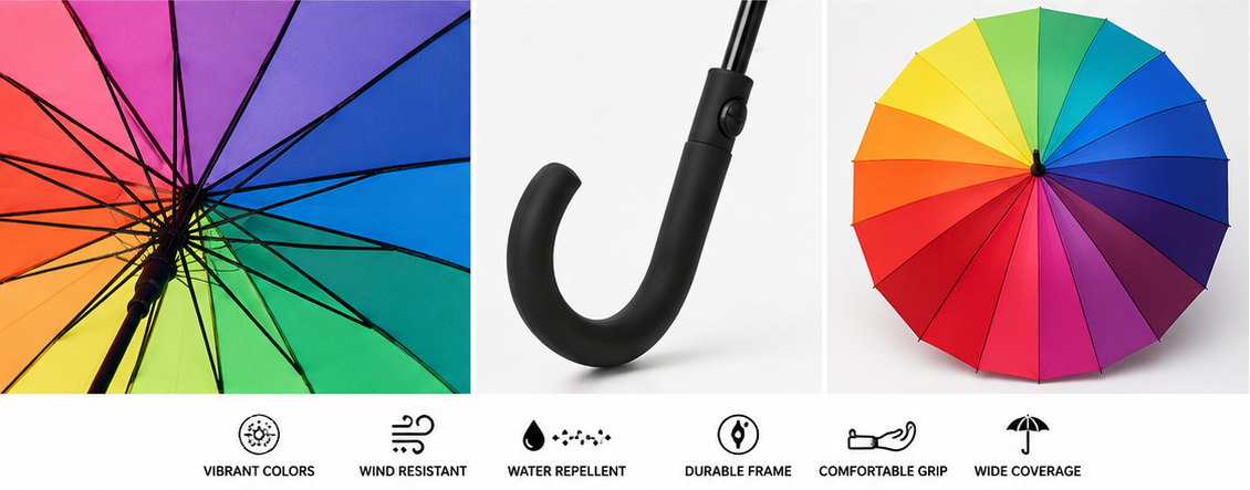 Rainbow Bliss Umbrella features a beautiful multi-color rainbow canopy that combines style, durability, and weather protection. Perfect for adding color to rainy days, outdoor events, travel, and everyday use.