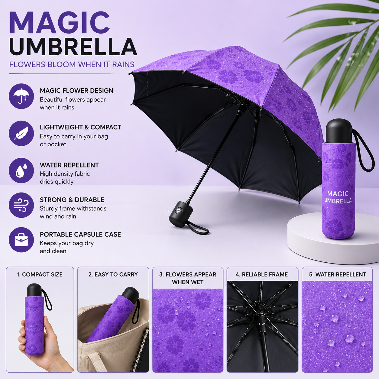 RainBloom Magic Umbrella is a unique color-changing umbrella that reveals beautiful floral patterns when it rains. Lightweight, compact, and stylish, it's the perfect blend of weather protection and magical design.