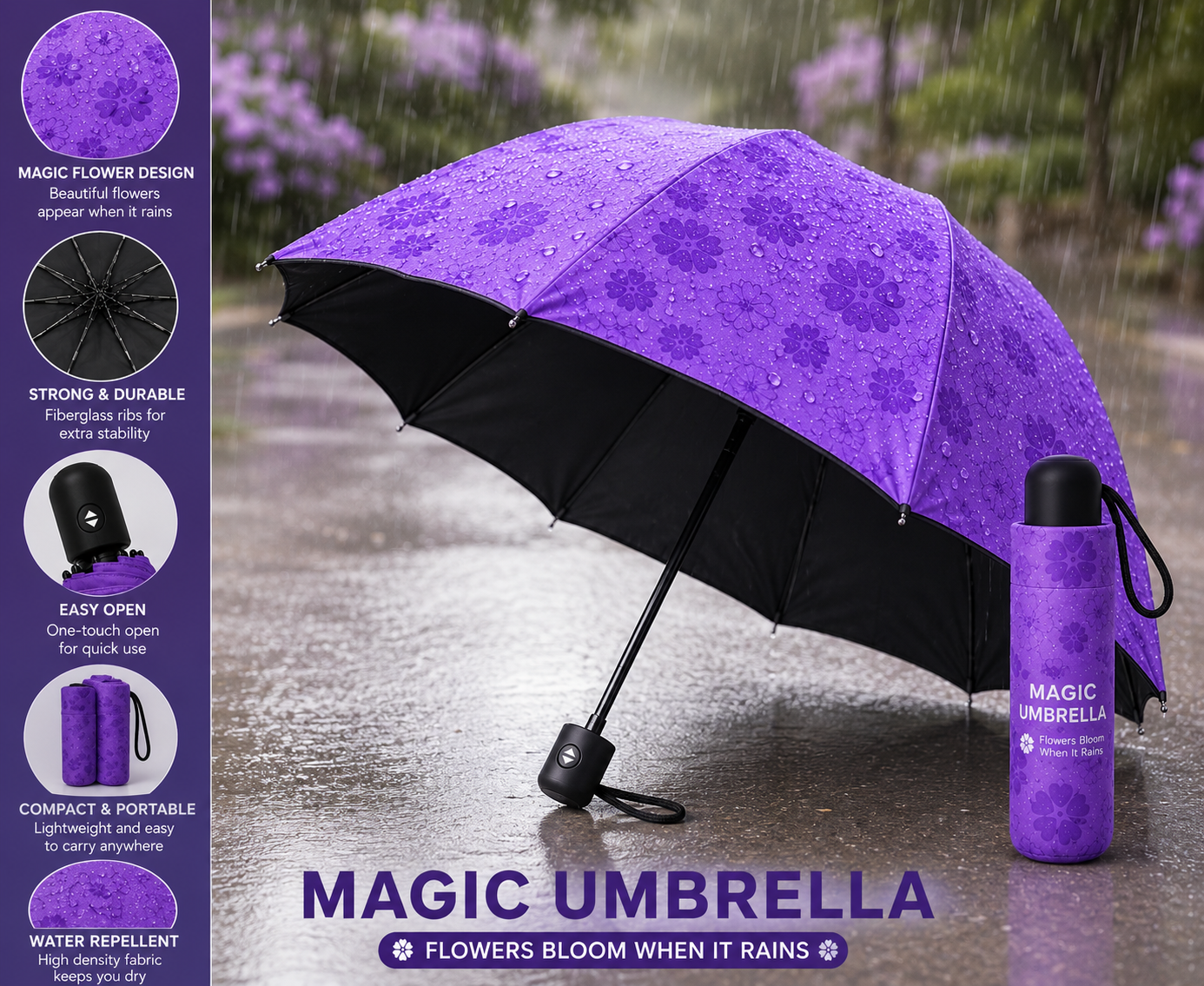 RainBloom Magic Umbrella is a unique color-changing umbrella that reveals beautiful floral patterns when it rains. Lightweight, compact, and stylish, it's the perfect blend of weather protection and magical design.