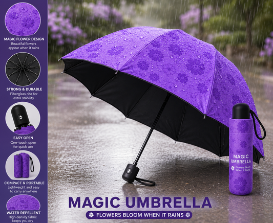 RainBloom Magic Umbrella is a unique color-changing umbrella that reveals beautiful floral patterns when it rains. Lightweight, compact, and stylish, it's the perfect blend of weather protection and magical design.