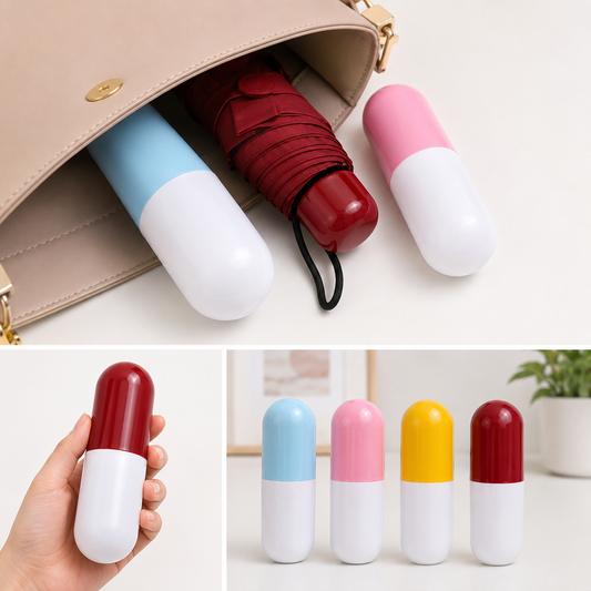 Capsule Umbrella – Compact Folding Travel Umbrella with Waterproof Capsule Case. Lightweight, Portable, Stylish, and Perfect for Protection Against Rain and Sun. Easily Fits in Handbags, Backpacks, and Luggage for Everyday Convenience- ASSORTED COLOURS