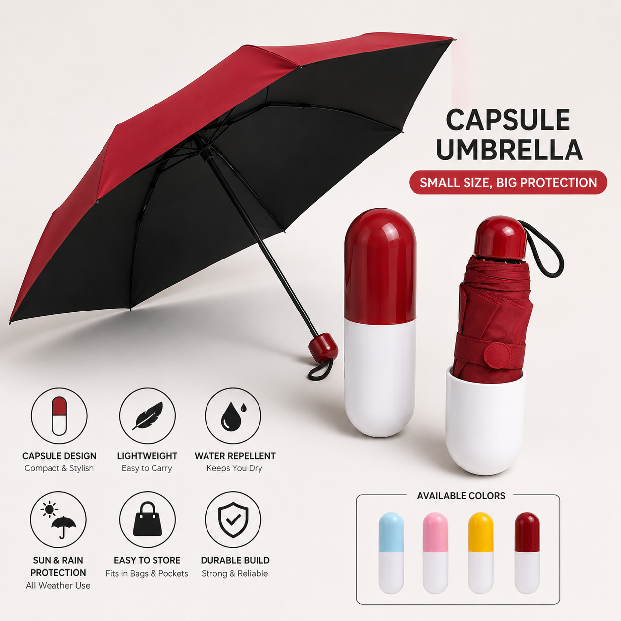 Capsule Umbrella – Compact Folding Travel Umbrella with Waterproof Capsule Case. Lightweight, Portable, Stylish, and Perfect for Protection Against Rain and Sun. Easily Fits in Handbags, Backpacks, and Luggage for Everyday Convenience- ASSORTED COLOURS