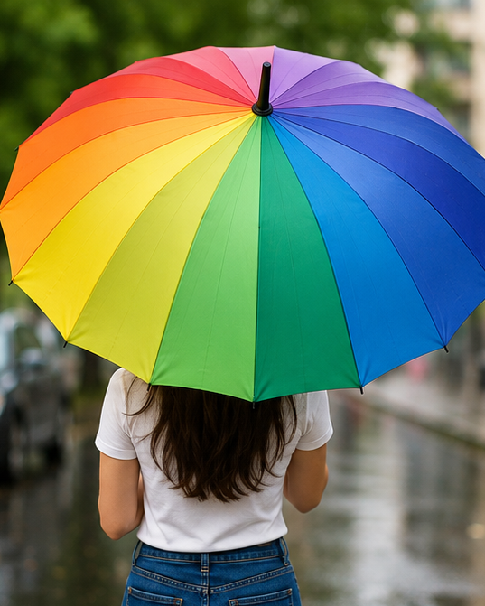 Rainbow Bliss Umbrella features a beautiful multi-color rainbow canopy that combines style, durability, and weather protection. Perfect for adding color to rainy days, outdoor events, travel, and everyday use.