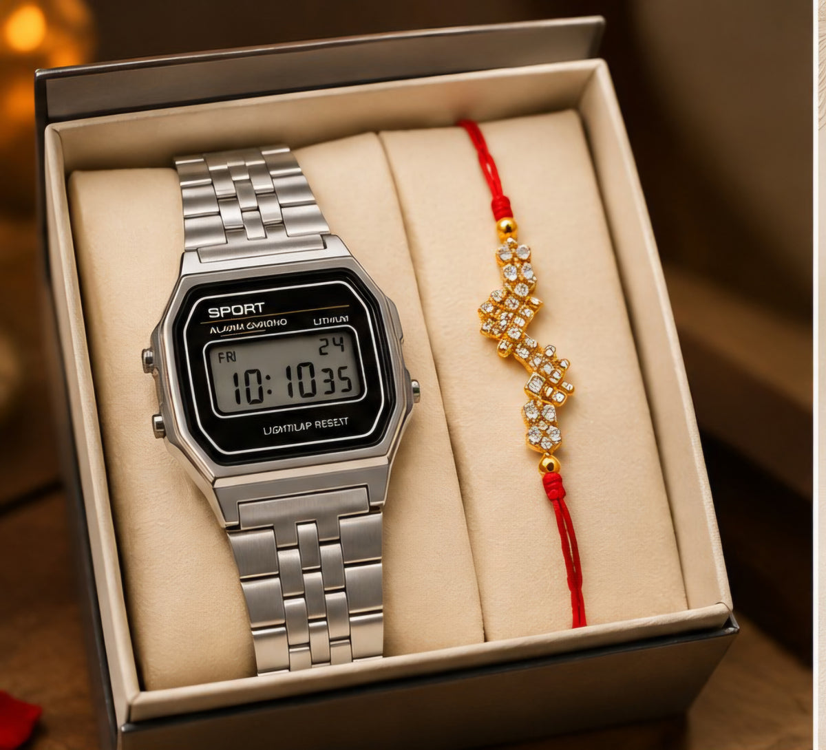 Rakhi Special Combo – Classic Digital Watch & Designer Rakhi